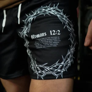 Saint Kaizen Crown of Thorns Mesh Shorts Black – Romans 12:2 Graphic