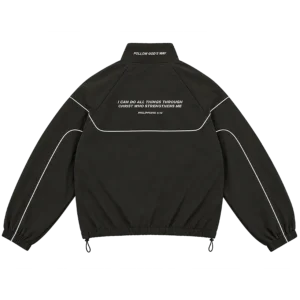Saint Kaizen God's Way Track Jacket in black with white piping and Philippians 4:13 Bible verse on the back