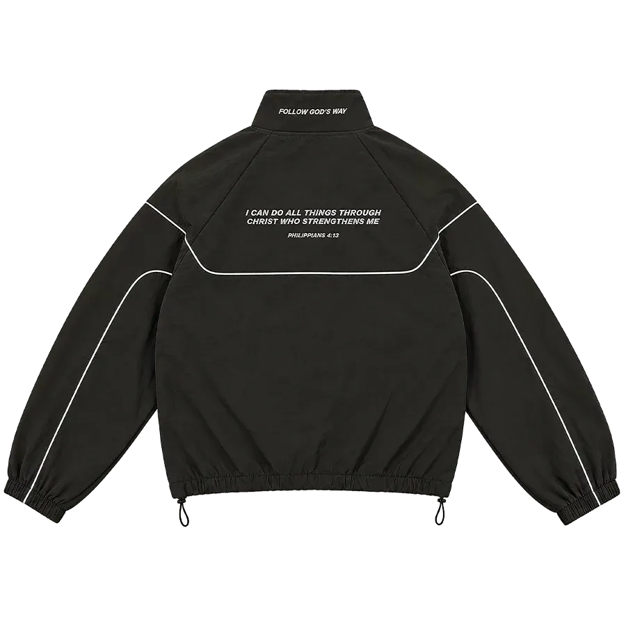 imgi_2_SK_FOLLOWGOD_SWAYTRACKJACKETBACK_3c00893a-96bd-46b1-821d-477ced1a720f Saint Kaizen God's Way Track Jacket in black with white piping and Philippians 4:13 Bible verse on the back