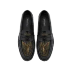 Saint Kaizen Archangel Embroidery Loafers in black with intricate gold angel artwork.