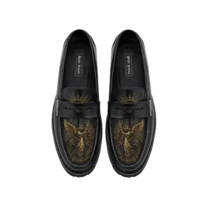 Saint Kaizen Archangel Embroidery Loafers in black with intricate gold angel artwork.