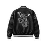 saint kaizen Archangel Michael varsity jacket back view with embroidered St. Michael patch, saint kaizen clothing for christian gym wear