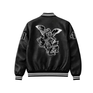 saint kaizen Archangel Michael varsity jacket back view with embroidered St. Michael patch, saint kaizen clothing for christian gym wear