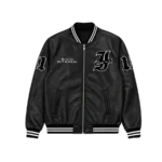 saint kaizen Archangel Michael varsity jacket front view with embroidered St. Michael patch, saint kaizen clothing for christian gym wear