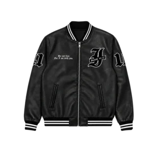 saint kaizen Archangel Michael varsity jacket front view with embroidered St. Michael patch, saint kaizen clothing for christian gym wear