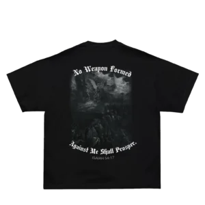 Saint Kaizen Isaiah 54:17 T-Shirt Black featuring No Weapon Formed graphic and biblical scripture artwork on the back